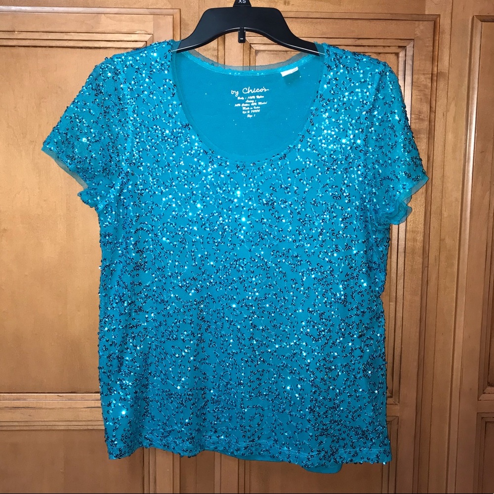 Chico’s sequins aqua colored blouse